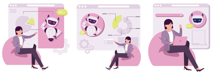 set Woman Office worker communicating with AI chatbot assistant flat illustration and pink color