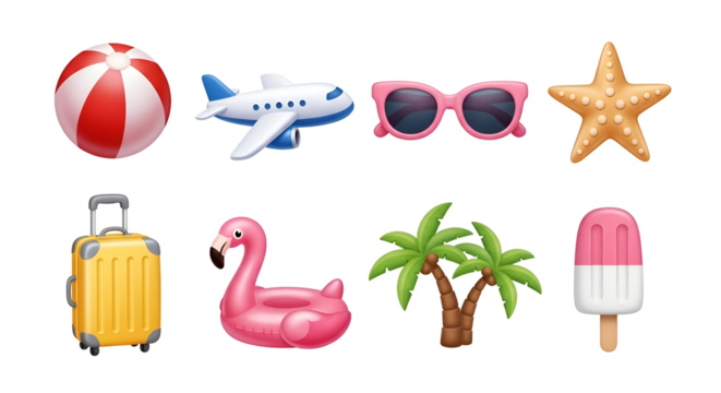 Red white beach ball airplane pink sunglasses starfish yellow suitcase flamingo palm trees popsicle image