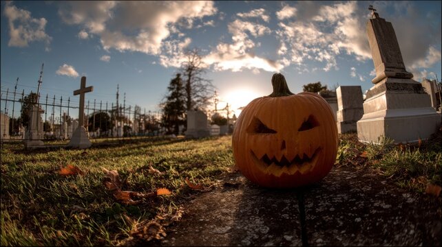 Glowing halloween pumpkin on eerie cemetery ground with tombstones in the background, wide-angle spooky autumn night scene with fog and atmospheric lighting - Powered by Adobe