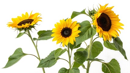 Three sunflower flowers with stems and leaves isolated on a white background,sunflower, flower, nature, yellow, sun, isolated, white, plant, summer, agriculture, petal, garden, flora, single, beauty, 