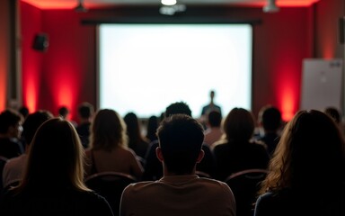 Large group of people gathered around a screen for a presentation or lecture, possibly indoors. High quality