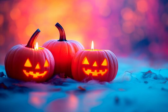 Candle lit Halloween pumpkins glowing in vibrant colors with empty space for festive greetings