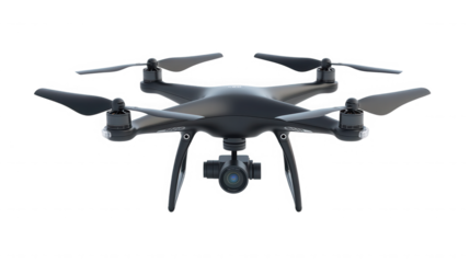 Modern black drone with camera for aerial photography on transparent background