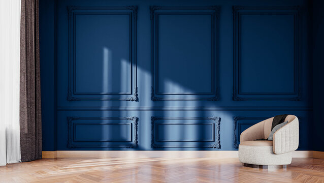 3D interior render with blank blue wall. Ideal for showcasing artwork, prints, posters, or interior design and decor concepts.