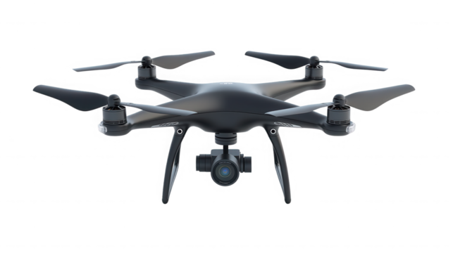 Modern black drone with camera for aerial photography on transparent background
