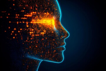 Glowing pixelized face with vibrant colors and digital effects depicting an abstract human figure in a creative concept