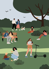 Flat vector illustration of park: Caucasian and African American people of all ages. Couple walking dog, family feeding birds, girl with scooter, people reading, meditating and relaxing.