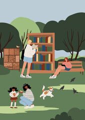 Flat vector illustration of park: man picking book at outdoor library, woman reading on bench, African American mother with daughter feeding birds, dog playing on grass. Green space with trees.