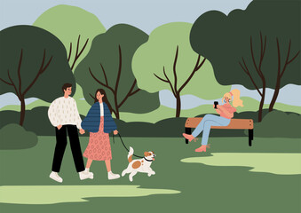Flat vector illustration of park: Caucasian couple walking dog on green lawn, European blonde woman sitting on bench talking on phone. Trees, nature, outdoor leisure area and open-air relaxation.