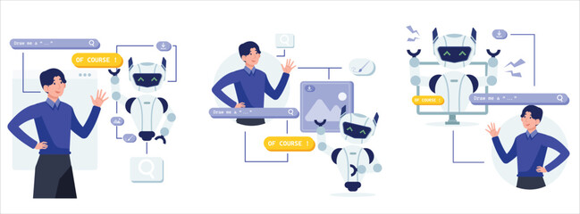 Fototapeta premium Set Man Office worker communicating with AI chatbot assistant flat illustration and blue color