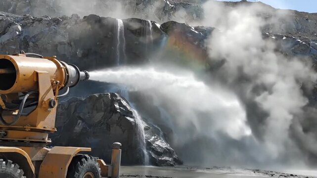 Industrial water cannon suppressing dust at quarry site with powerful spray action