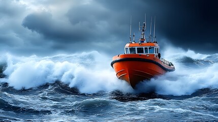 Naklejka premium Rescue boat navigating through rough sea waves during a storm at dusk