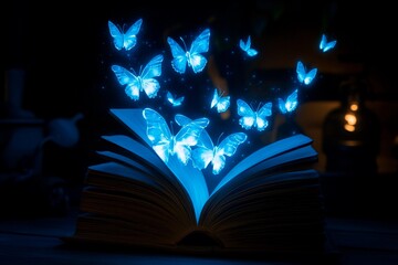 Glowing butterflies emerge from an open book in a dark room, creating a magical atmosphere