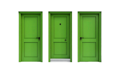 Three green doors are aligned on a black background