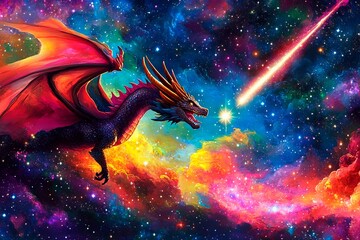 Magical dragon chases shooting star through vibrant galactic sky in a cosmic dance of wonder