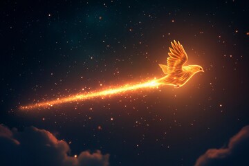 Shooting star transforms into a glowing bird illuminating the night sky with mythical brilliance