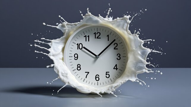 A white clock with black hands showing the time of 10:30. The clock is surrounded by milk splatters, giving it a messy and playful appearance