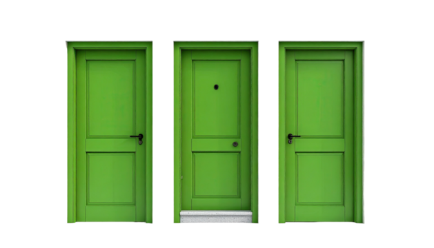 Three green doors are aligned on a black background - Powered by Adobe