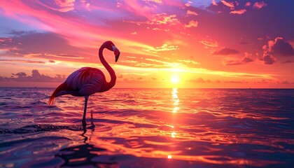 Pink flamingo standing in water reflects a colorful sunset sky over ocean. Beautiful, vibrant, peaceful, serene scene