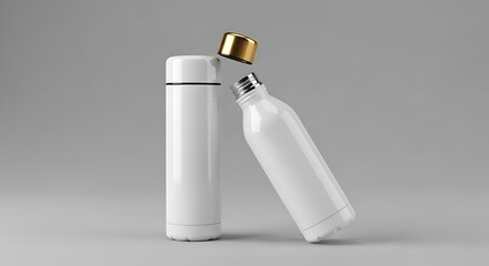 Two pristine white and shiny thermal flasks, one tilted, with a golden cap hovering above one. Soft gray background