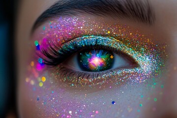 Eyes sparkle with cosmic colors resembling a starry sky