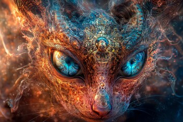 Creature with human eyes and animal features in a mystical forest during twilight