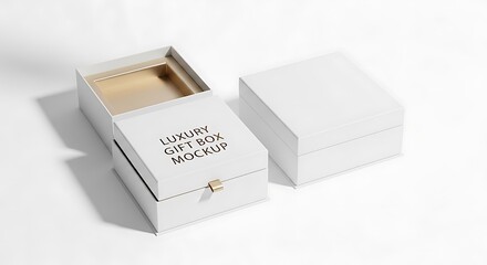Two pristine white square boxes, one open, with a golden interior, casting shadows on a clean white background