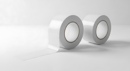 Two pristine white tape rolls on a neutral surface, one unspooling. The lighting creates subtle shadows