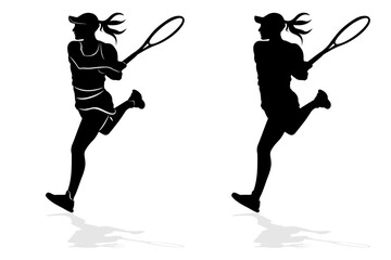 isolated silhouette of a woman tennis  player, black and white vector drawing, white background