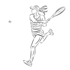 isolated illustration of a woman tennis  player, black and white vector drawing, white background