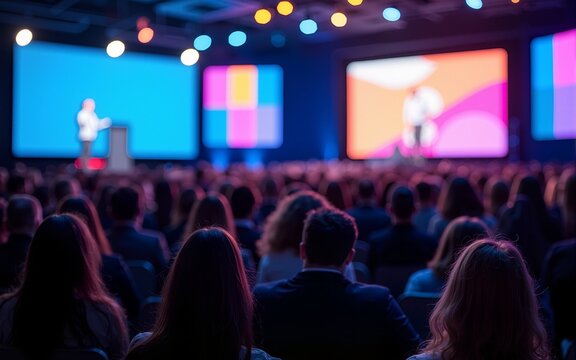 Business conference audience engagement: speaker presentation at large event hall. High quality