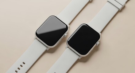 Two rectangular smartwatches, side-by-side, with light-colored straps. The screens are black against a cream-colored background