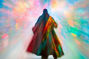 Cloaked figure in shifting colors radiates light in an ethereal environment