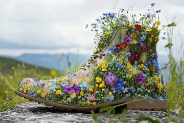Colorful wildflowers grow from a pair of worn shoes resting on a sunny stone in nature's vibrant landscape