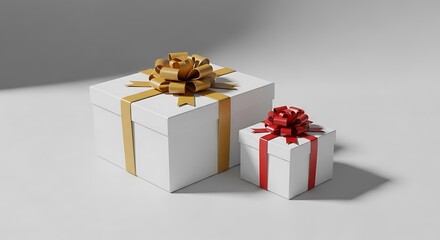 Two square gift boxes sit, one larger, one smaller, on a white surface, with bright-colored ribbons atop, casting shadows