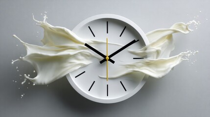 A white clock with black hands and a yellow face is surrounded by milk splatters. The clock is set at 11:30