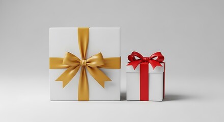 Two rectangular, white gift boxes. The larger has a gold bow, the smaller a red bow, both on a grey backdrop