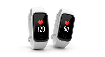 Two white fitness trackers display heart rate and icons on black screens, against a stark white background. One has a higher reading
