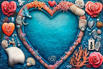 Heart-shaped coral reef frame showcases vibrant underwater life with colorful marine elements