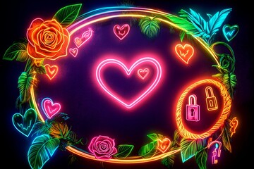 Vibrant neon jungle design captured in an oval frame surrounded by glowing hearts and flowers