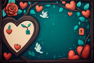 Colorful orchard path framed with hearts and roses highlights love and connection in nature setting