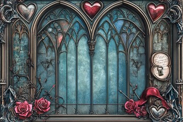 Gothic cathedral frame showcasing intricate arches and decorative elements with a romantic theme