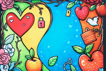 Colorful orchard path framed with hearts and roses highlights love and connection in nature setting