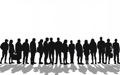 Group of people waiting in line vector silhouette isolated on white background. Group of refugees, migration crisis in Europe. War migration waves going through Schengen Area. Border situation in EU.