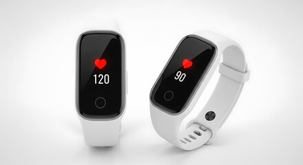 Two white fitness trackers display heart rate readings on sleek, black screens. The devices rest on a gradient white surface