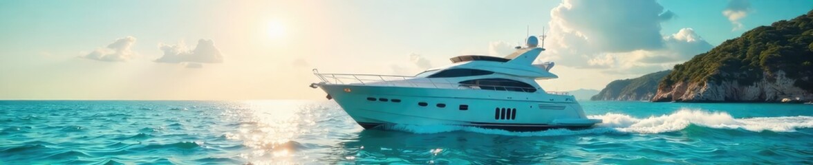 A pristine white yacht glides across turquoise waters under a vibrant summer sky; sun-drenched luxury at its finest , horizon, vacation