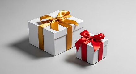 Two white gift boxes, one large and one small, are placed on a gray surface. Each is adorned with a colorful satin ribbon tied in a bow