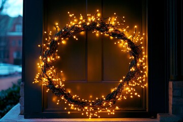 Twinkling fairy lights enhance a festive Christmas wreath on a cozy home entrance at night
