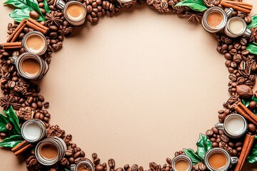 Wreath decorated with miniature coffee cups and aromatic spices in a cozy cafe setting