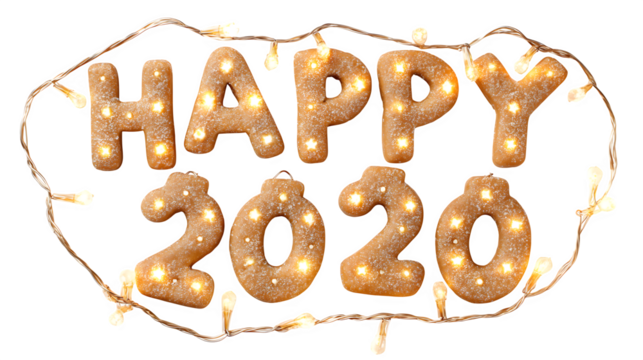 Happy New Year 2020 greeting with lights, isolated on transparent background